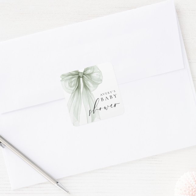 Elegant White Sage Green Bow Baby Shower Square Sticker (Creator Uploaded)