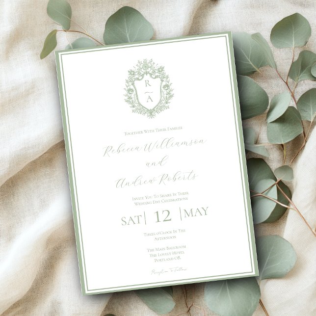 Elegant White & Sage Green Crest Monogram Wedding  Invitation (Creator Uploaded)