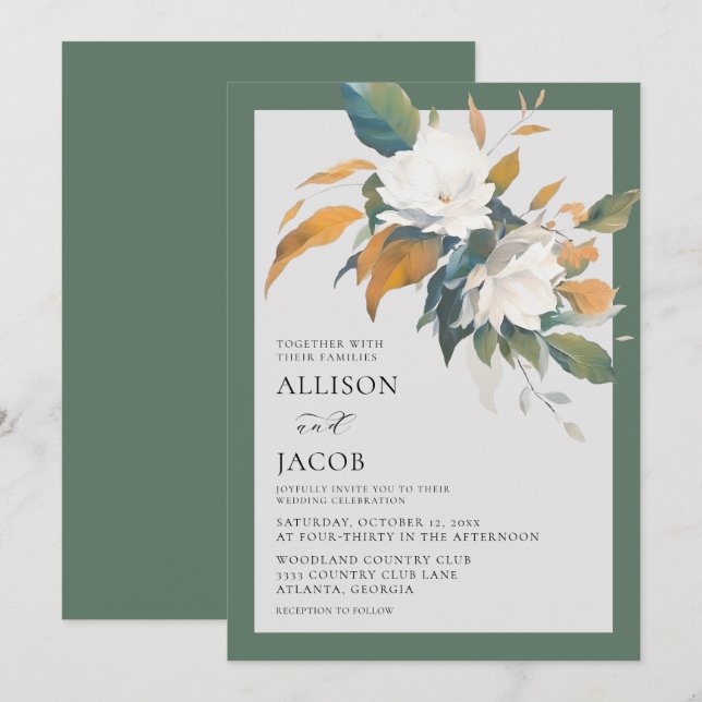 Elegant White Sage Green Floral Wedding Invitation (Front/Back)