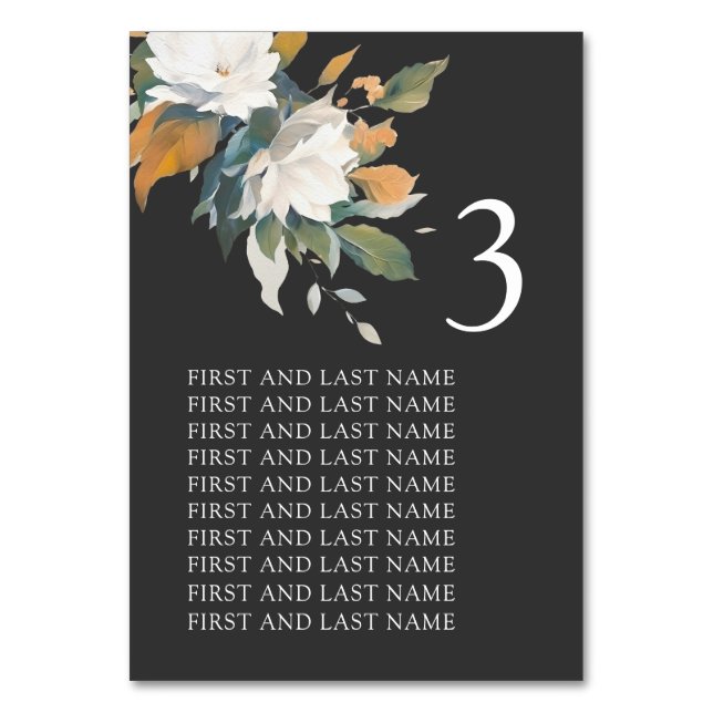 Elegant White Sage Green Floral Wedding Table Number (Front)