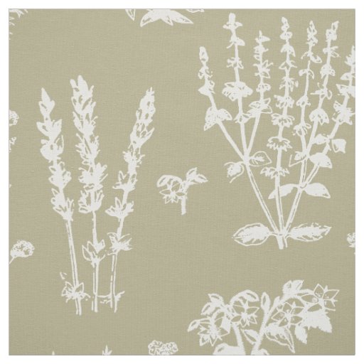Elegant White Sage Green Herbal Garden Pattern Fabric