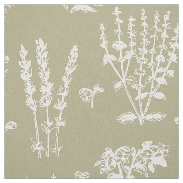 Elegant White Sage Green Herbal Garden Pattern Fabric (Swatch)