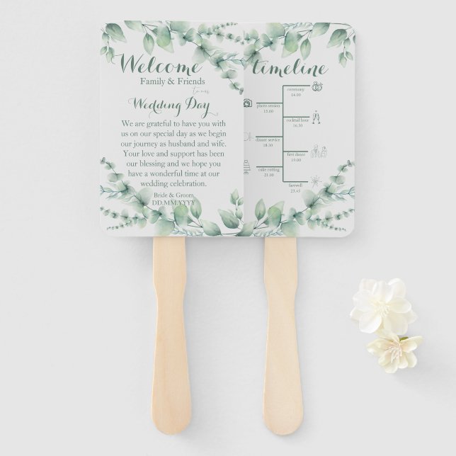 Elegant White & Sage Hand Fan (Front and Back)