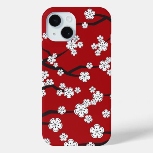 Elegant White Sakura Cherry Blossom Flowers On Red iPhone 15 Case
