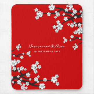 Elegant White Sakura Cherry Blossom Flowers On Red Mouse Pad