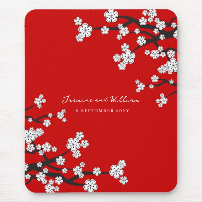 Elegant White Sakura Cherry Blossom Flowers On Red Mouse Pad (Front)