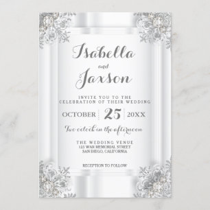 Elegant White Satin and Silver White Ornate Invitation