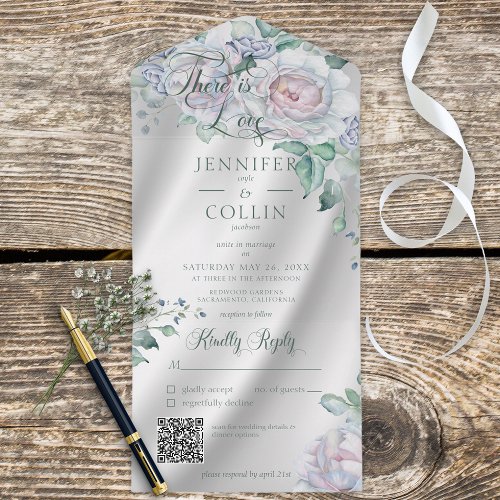 Elegant White Satin  Pastel Floral QR Code All In One Invitation