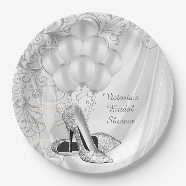 Elegant White Satin Silver Shoe Bridal Shower Paper Plates (Front)