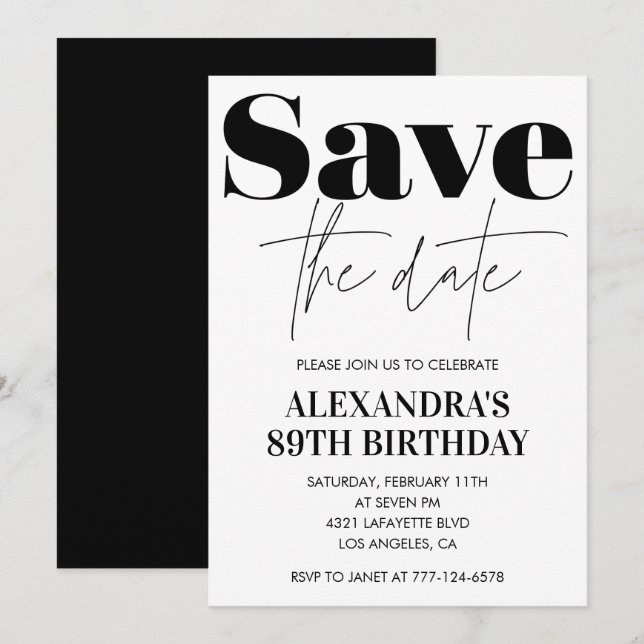 Elegant White Save the date 89th birthday Invitation (Front/Back)