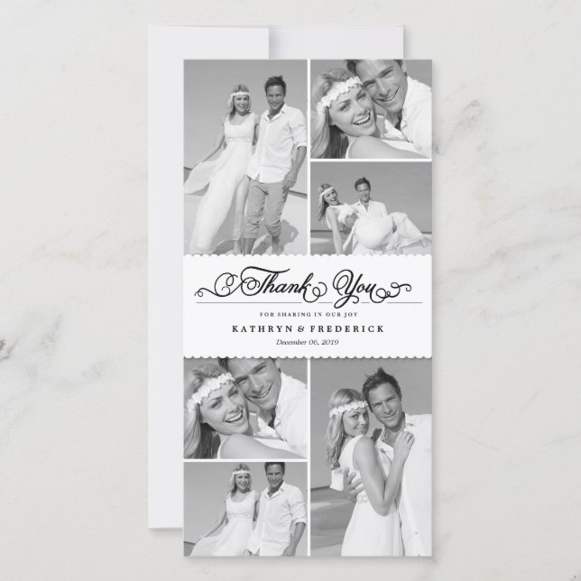 Elegant White Scalloped Band 6 Photo Chic Wedding Thank You Card (Front)