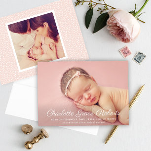 Elegant White Script Baby Girl Photo Blush Birth Announcement
