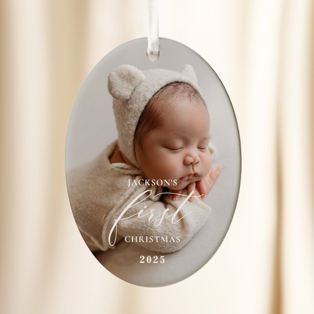 Elegant White Script Baby's First Christmas Photo  Ceramic Ornament (Creator Uploaded)