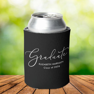 Elegant White Script Black Graduation Can Cooler