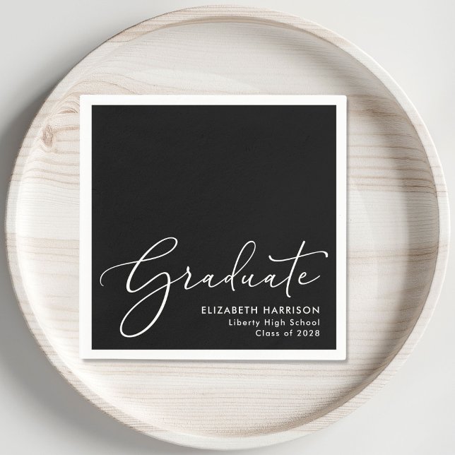 Elegant White Script Black Graduation Party Napkins (Creator Uploaded)