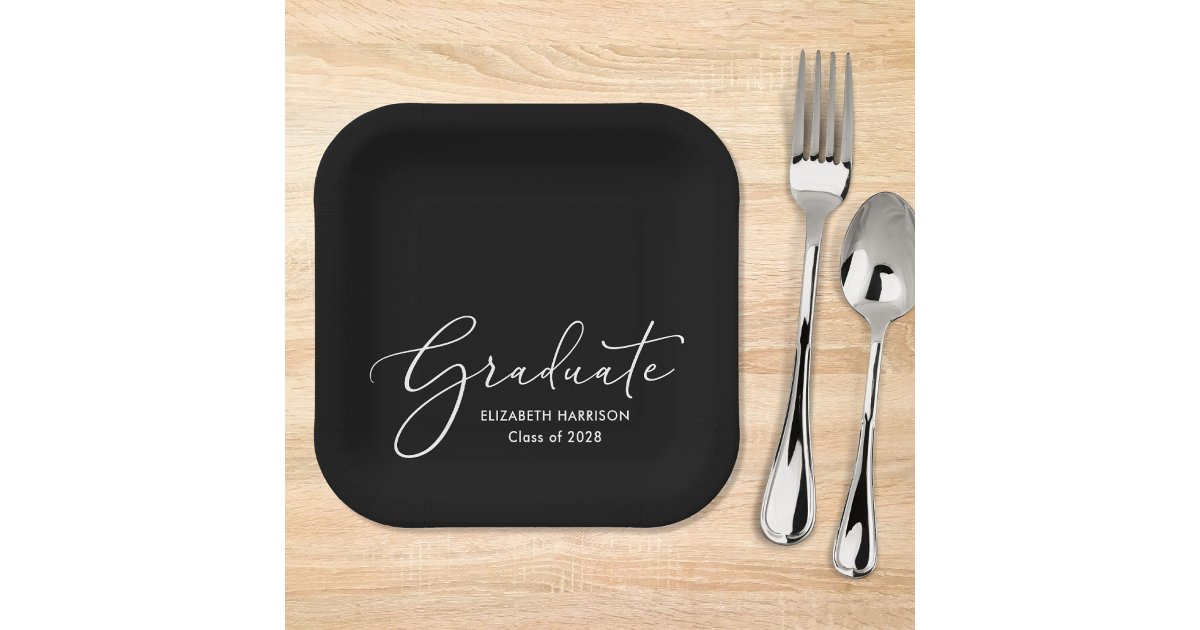 Elegant White Script Black Graduation Party Paper Plates | Zazzle