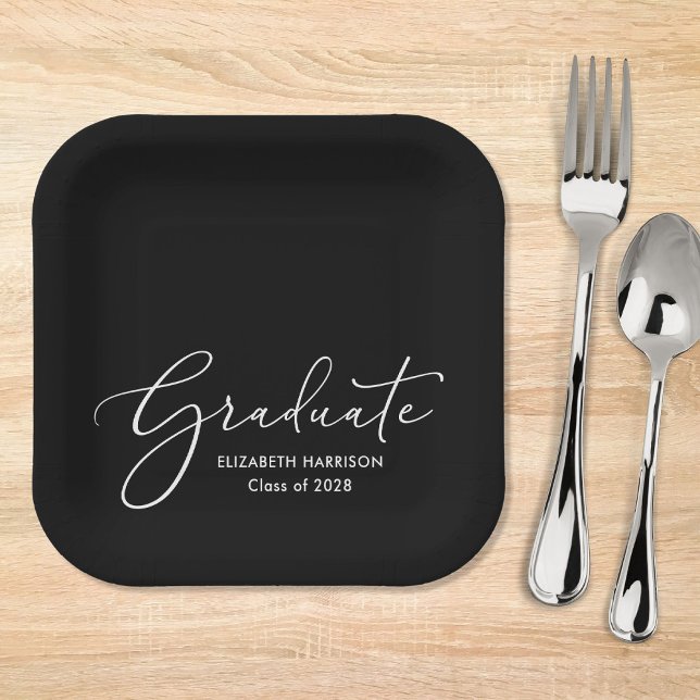 Elegant White Script Black Graduation Party Paper Plates (Creator Uploaded)