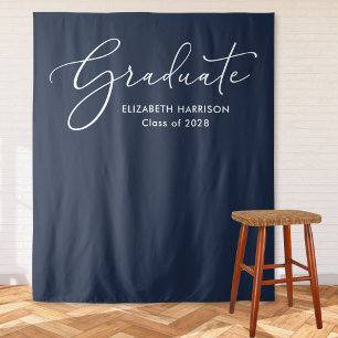 Elegant White Script Blue Graduation Backdrop