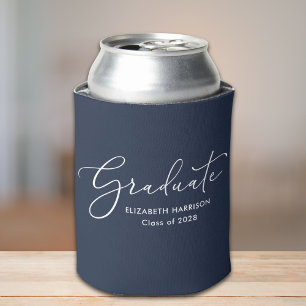 Elegant White Script Blue Graduation Can Cooler