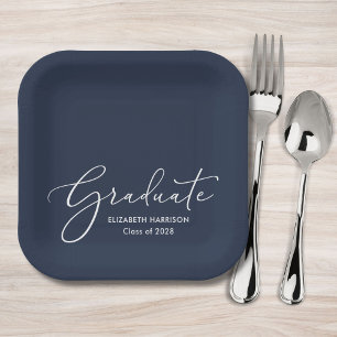 Elegant White Script Blue Graduation Party Paper Plates
