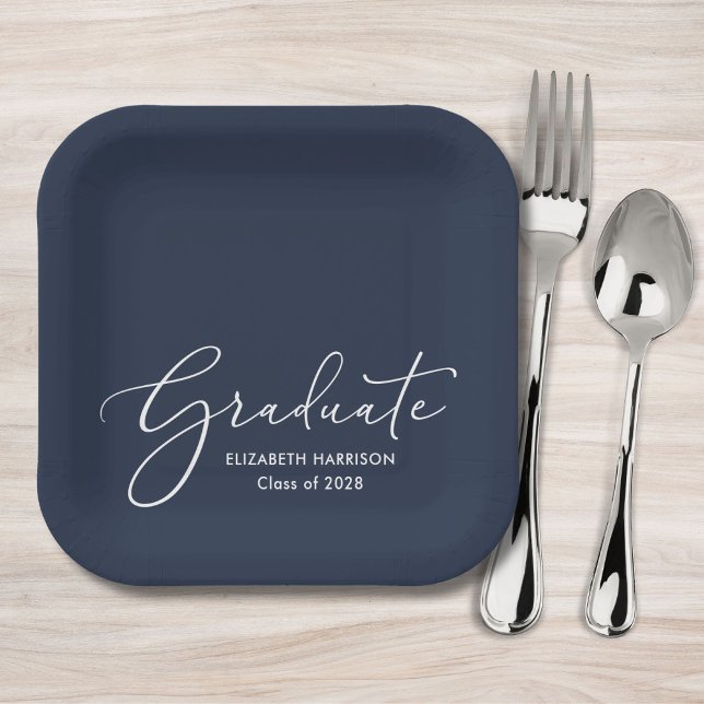 Elegant White Script Blue Graduation Party Paper Plates (Creator Uploaded)
