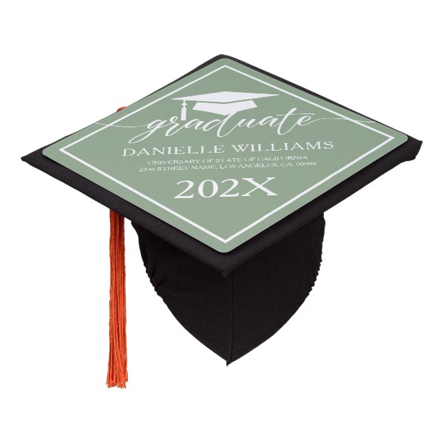 Elegant White Script Calligraphy On Sage-green Graduation Cap Topper (Angled)