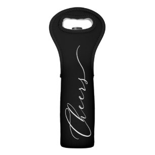 Elegant White Script CHEERS on Black Wine Bag