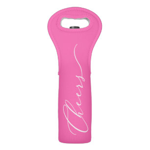 Elegant White Script CHEERS on Hot Pink Wine Bag