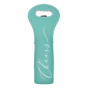 Elegant White Script CHEERS on Light Teal Wine Bag