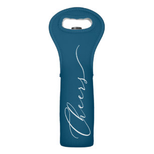 Elegant White Script CHEERS on Ocean Blue Wine Bag