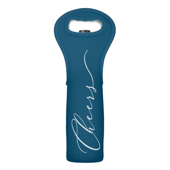 Elegant White Script CHEERS on Ocean Blue Wine Bag (Front)