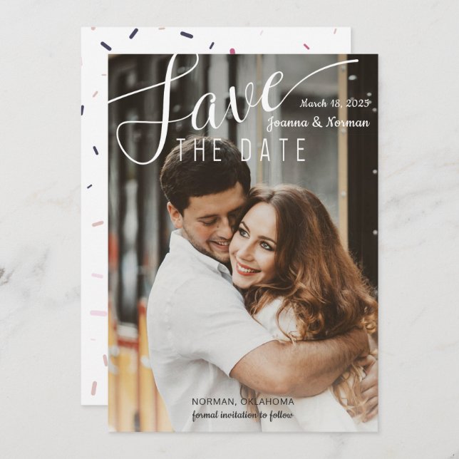 Elegant White Script Confetti Save The Date Photo (Front/Back)