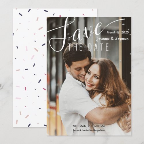 Elegant White Script Confetti Save The Date Photo