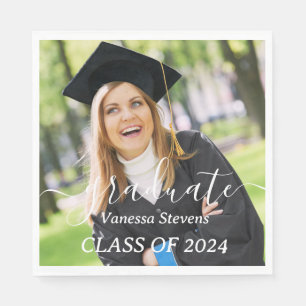 Elegant White Script Custom 2024 Graduation Photo Napkins