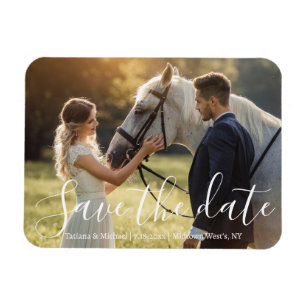 Elegant White Script Custom Photo Save the Date Magnet