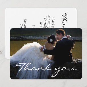 Elegant White Script Font Wedding Photo Thank You Card