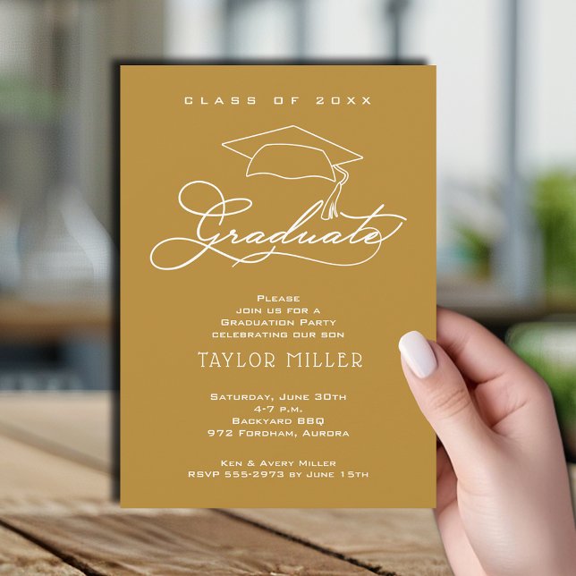 Elegant White Script Gold Graduation Invitation (Elegant white script and grad hat gold graduation party invitations)