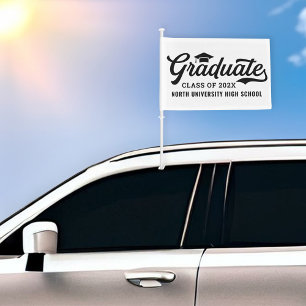 Elegant White Script Graduate Car Flag