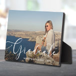 Elegant White Script Graduate Plaque<br><div class="desc">Your favorite photo,  the word Graduate,  your name and graduation year in elegant white text on the front,  this frameless photo plaque with a built-in easel is a great keepsake to remember your graduate's special milestone. Matching items in our store.</div>