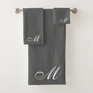 Elegant White Script Initial Gray Bath Towel Set