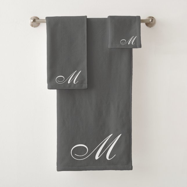 Elegant White Script Initial Gray Bath Towel Set (Insitu)