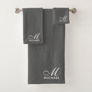 Elegant White Script Initial Monogram Gray Bath Towel Set
