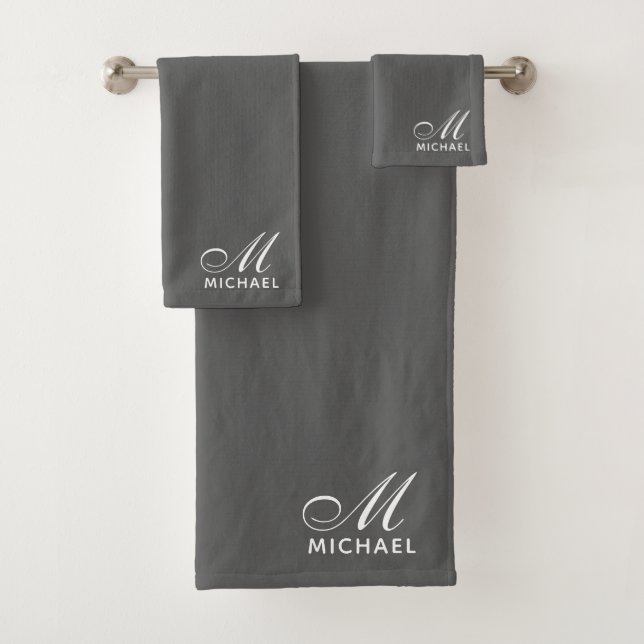 Elegant White Script Initial Monogram Gray Bath Towel Set (Insitu)
