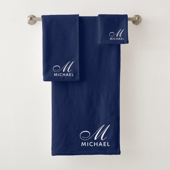 Elegant White Script Initial Monogram Navy Blue Bath Towel Set (Insitu)