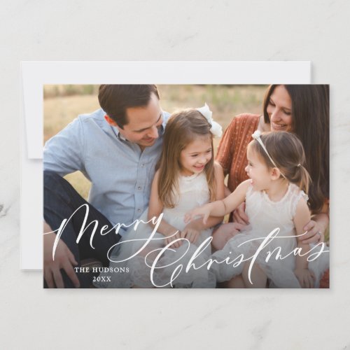 Elegant White Script Merry Christmas Collage Holiday Card