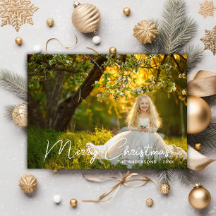 Elegant White Script Merry Christmas Photo Holiday Card