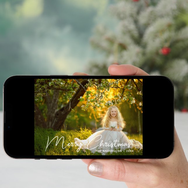 Elegant White Script Merry Christmas Photo  Holiday Card (Front Digital)