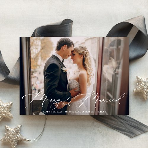 Elegant White Script Merry  Married Photo Holiday Card