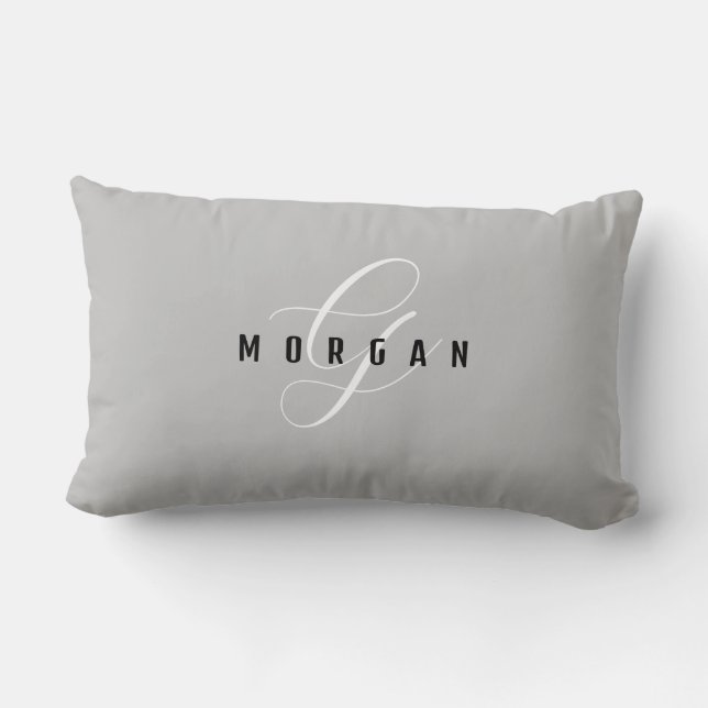 Elegant White Script Monogram & Black Name Lt Grey Lumbar Pillow (Back)
