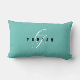Elegant White Script Monogram & Black Name Lt Teal Lumbar Pillow